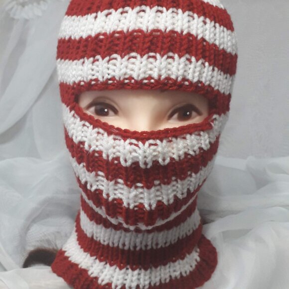 Handmade Knit Balaclava Red White Striped - Picture 2 of 3